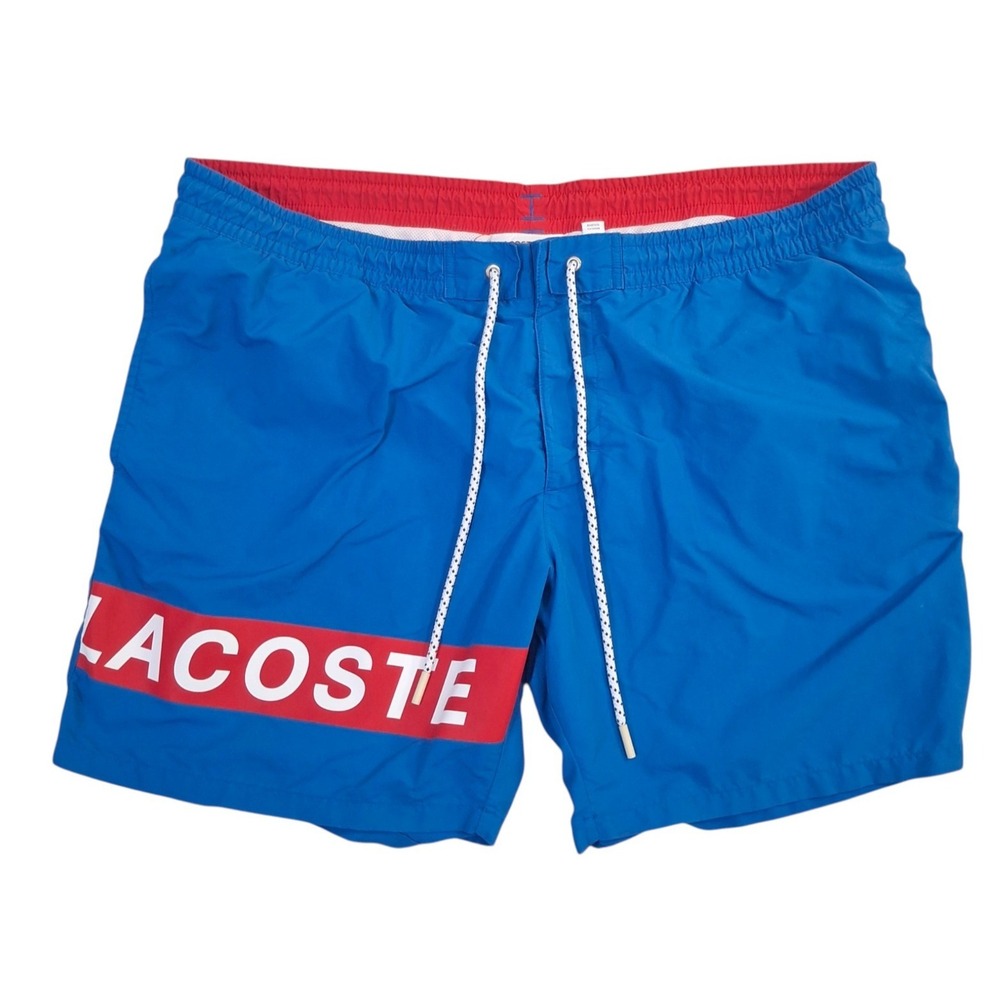 Lacoste Mens Swim Trunks Blue Red Logo Stripe Mesh Lined Board Shorts XL